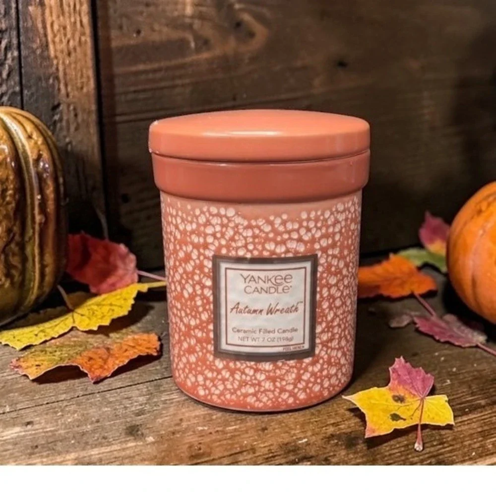 Yankee Candle Autumn Wreath Orange Ceramic Filled Candle 7oz with‎ Lid 4 inch